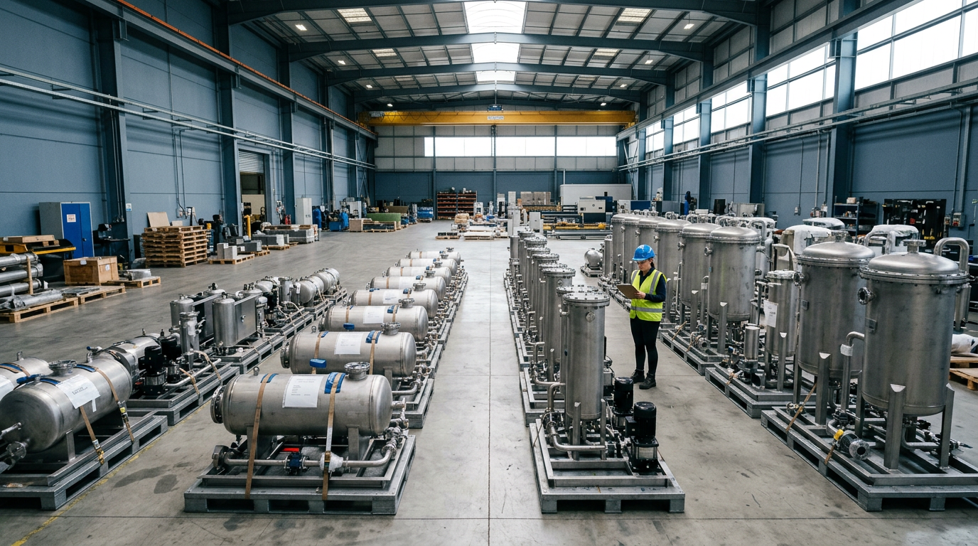Clean industrial warehouse with filtration equipment ready for shipping