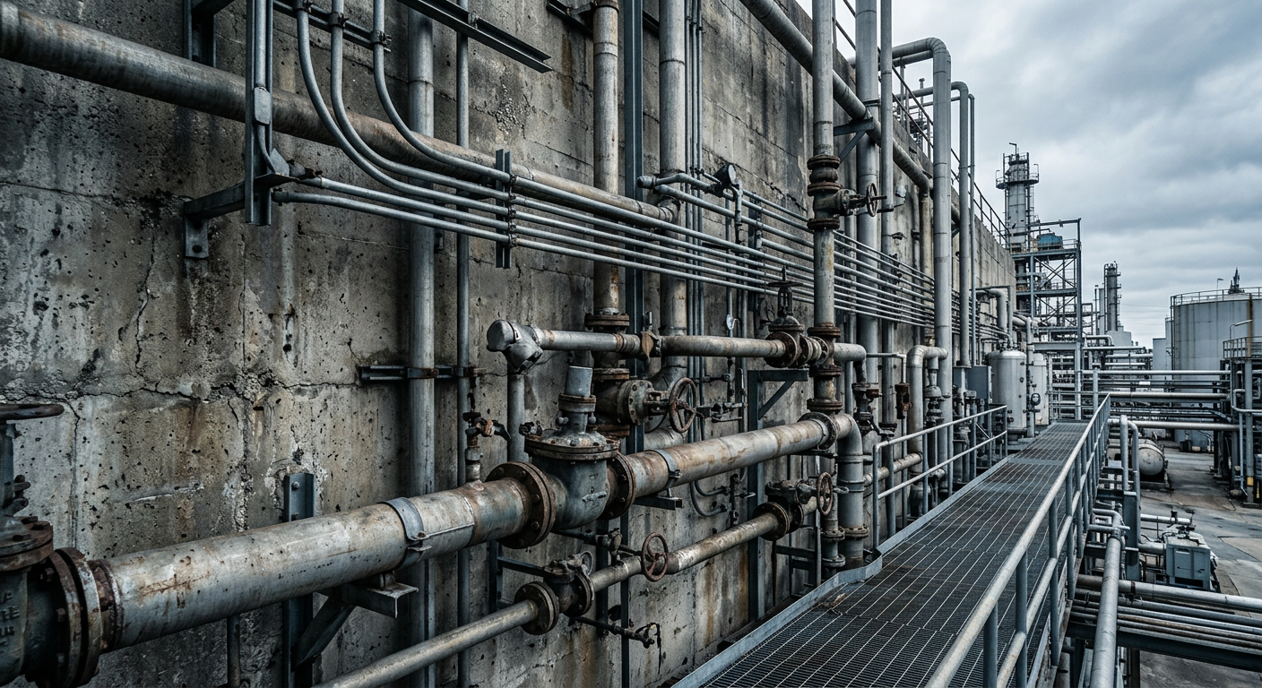 Industrial piping and conduits along a facility wall